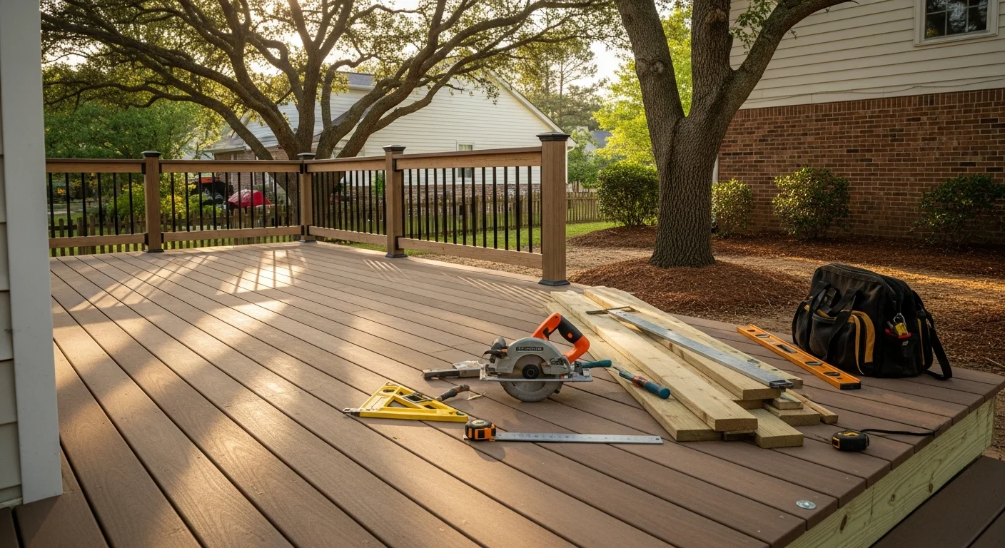 Newly constructed wooden deck with railings attached to residential home