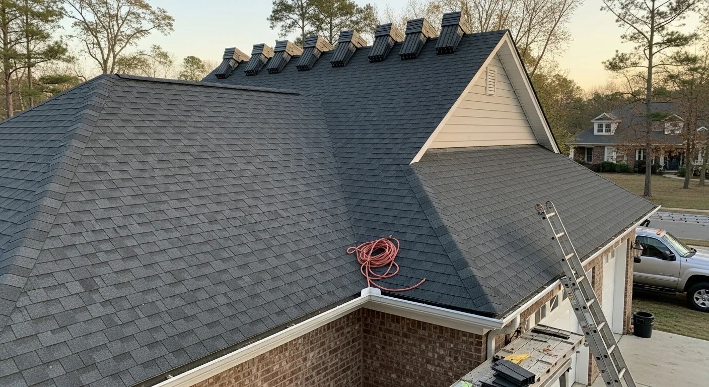 Professional roofer installing shingles on residential home in Delaware