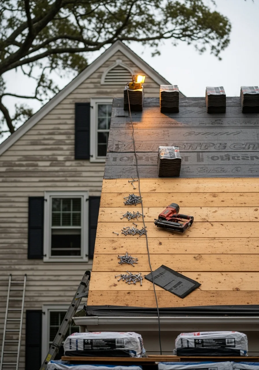 Roofing contractor installing shingles on residential home in Camden DE