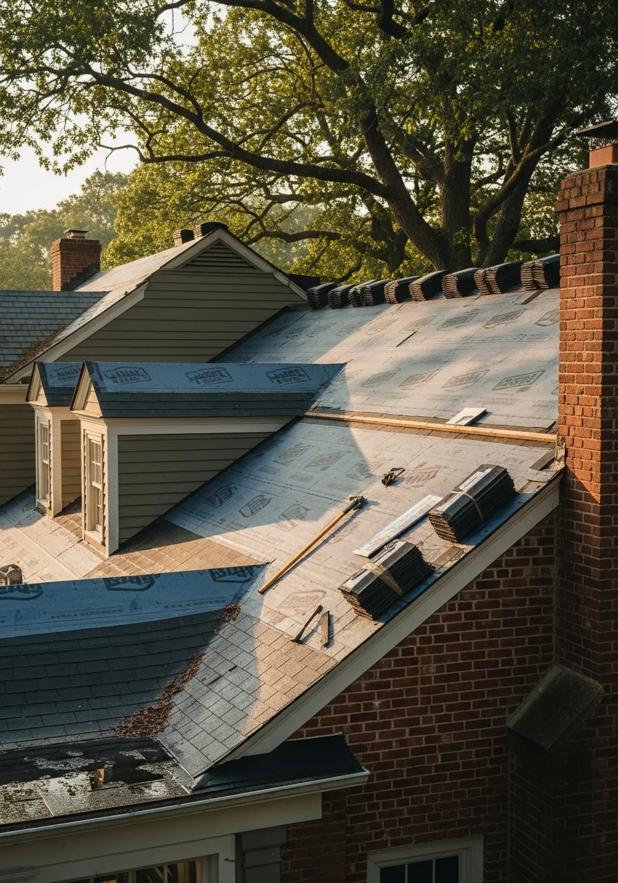 Professional roofing contractor installing shingles on residential home in Cheswold