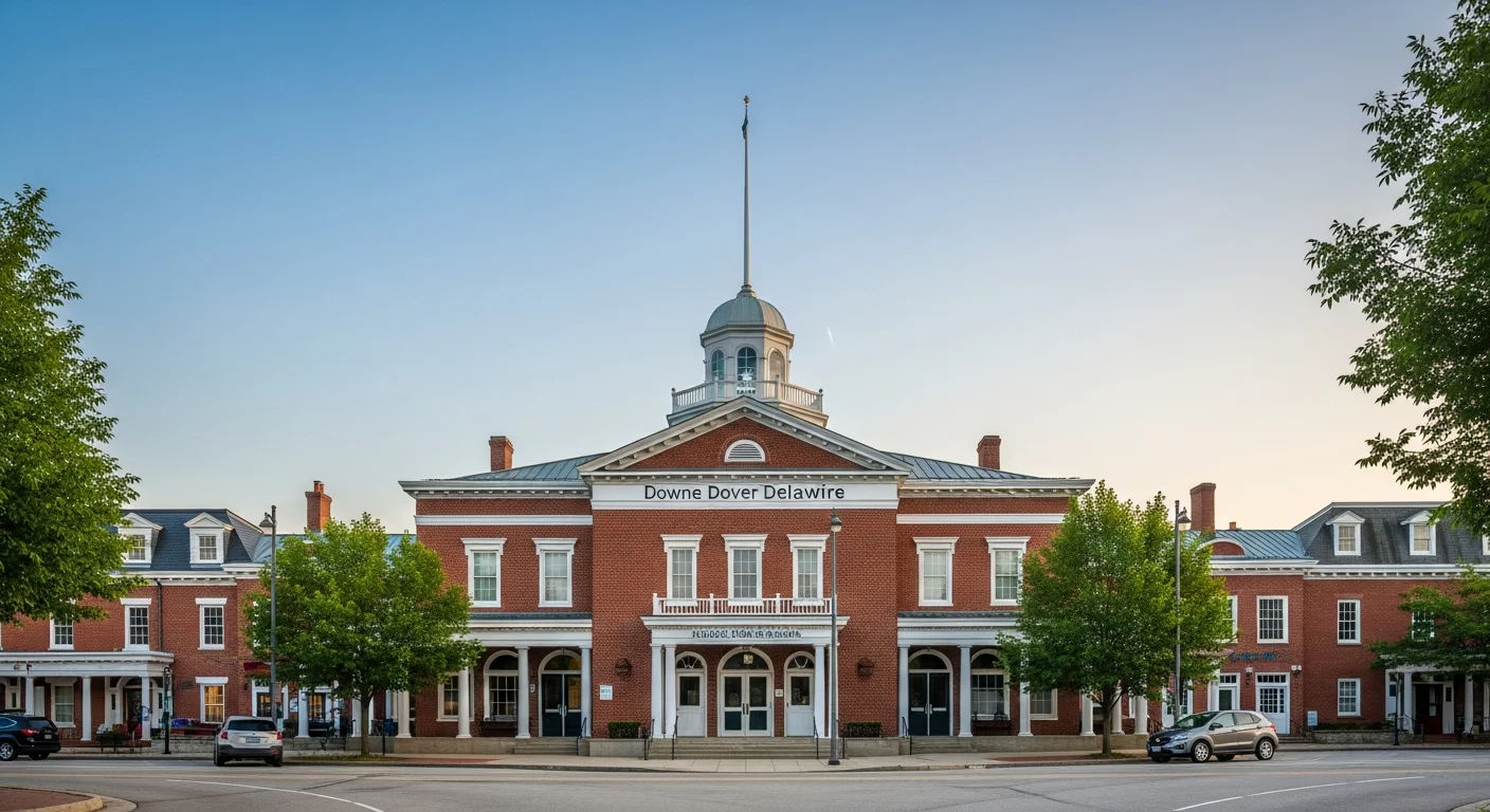 Downtown Dover street with historic government buildings and tree-lined sidewalks during daytime.