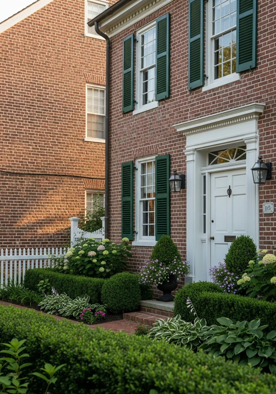 Close-up of traditional home entrance with period details and landscaping in historic Lewes.