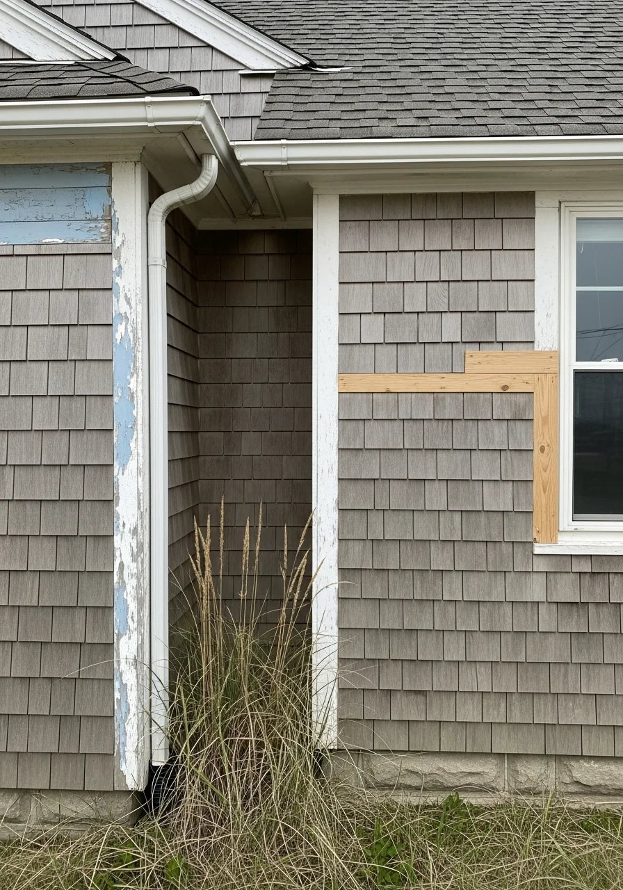 Residential beach cottage exterior with weathered wood siding and coastal landscaping details.