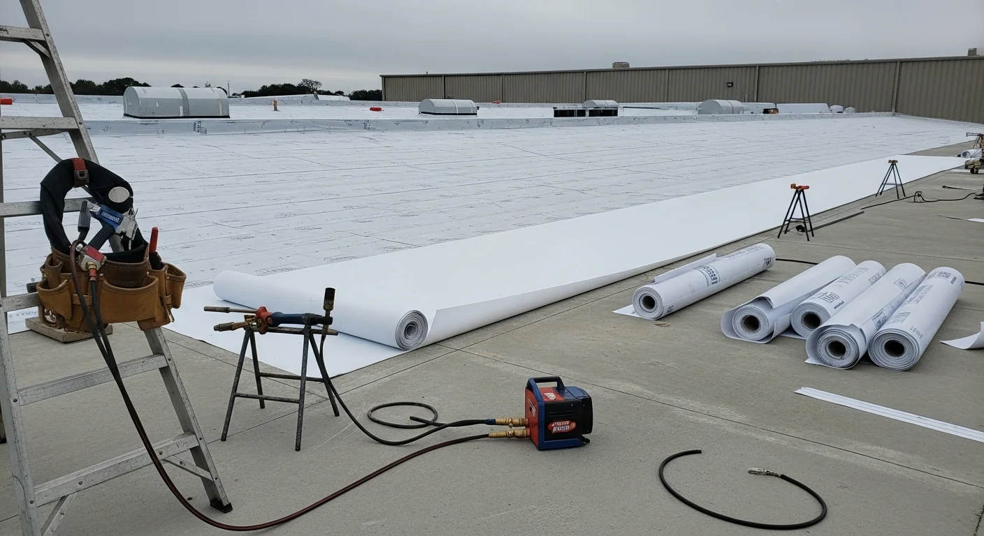 A completed flat commercial roof installation on a Dover, Delaware commercial building, showing a smooth membrane surface with properly sealed seams and perimeter flashing. The building sits in a Kent County commercial area under a clear sky.
