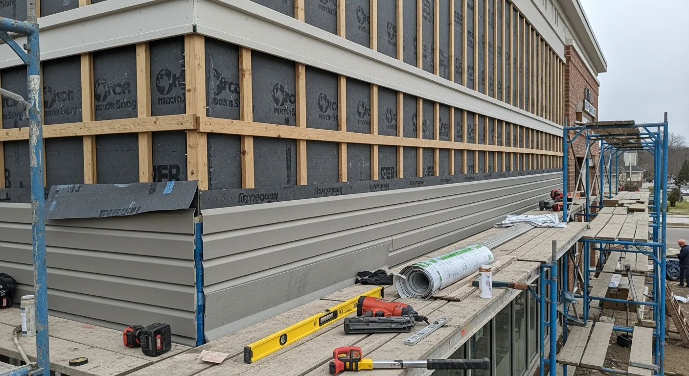 Commercial building in Dover, DE with newly installed exterior siding showing clean panel alignment and finished trim details. Street-level view of a flat-facade commercial structure with uniform siding panels and sealed corner trim.