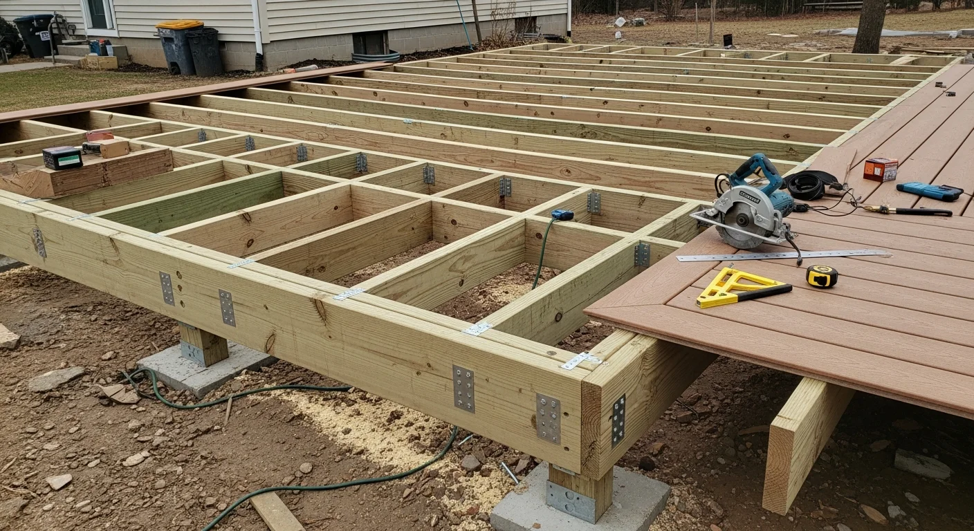 A newly constructed wood deck attached to the back of a single-family home in Dover, Delaware, with installed railings and steps leading to a grassy backyard. The deck structure shows clean framing and evenly spaced decking boards suited for the Dover residential setting.