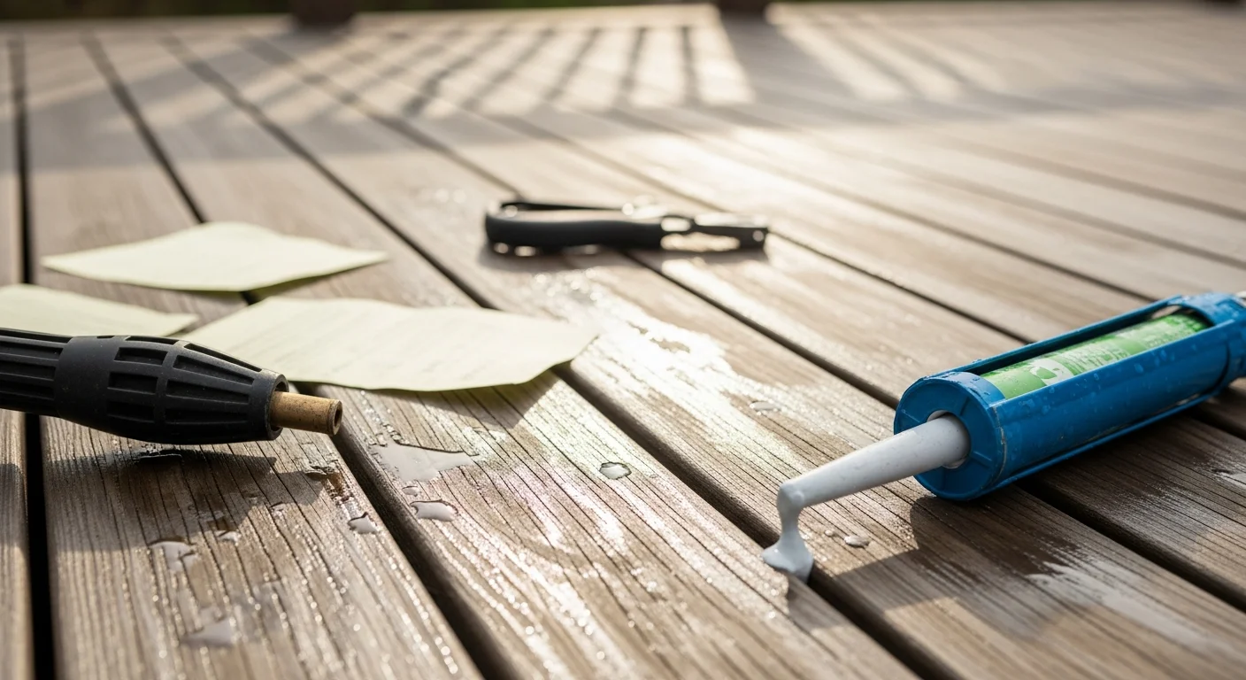 A maintained residential wood deck in Dover, Delaware with clean boards, secure railings, and fresh surface sealing. A contractor from Delmar Roofing and Siding inspects deck framing and fasteners during a routine maintenance visit.