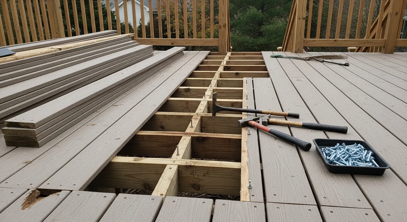 A repaired residential deck in Dover, Delaware with replaced boards and secured railings on a single-family home. Close-up view shows fresh decking material alongside the existing frame after professional repair work.