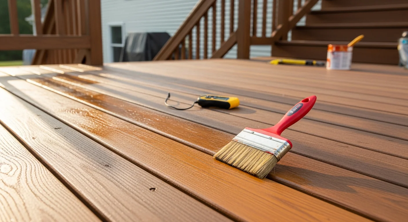 A wood deck in Dover, DE with freshly applied stain showing even color across the decking boards and railings. The surface shows no peeling or graying, with clean stain coverage from the field boards through the stair treads.