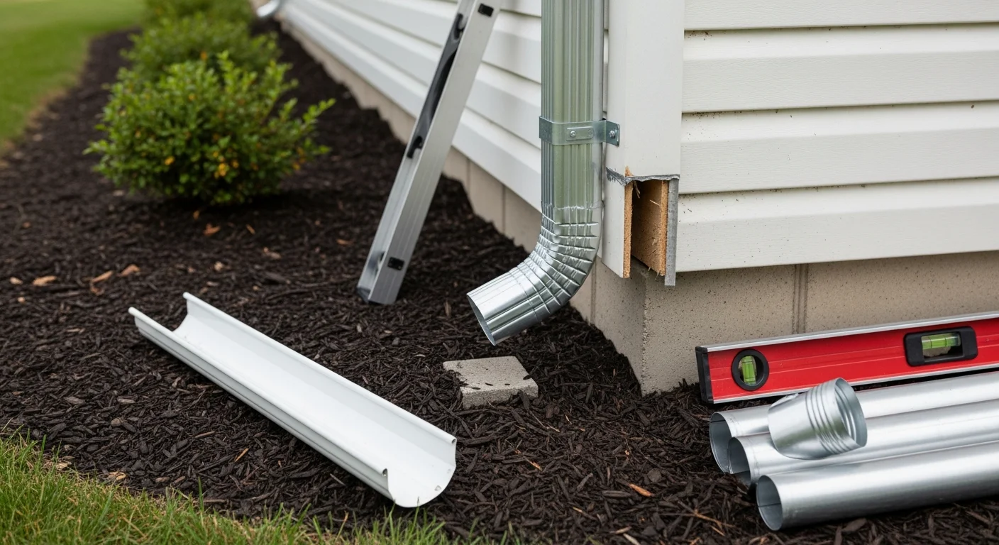 A newly installed metal downspout secured to the exterior wall of a single-family home in Dover, Delaware, directing roof runoff away from the foundation toward a graded lawn. The downspout connection to the gutter is flush and sealed, with a ground-level extension angled away from the home's base.