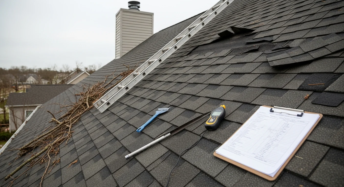A Dover, DE residential roof with storm-damaged shingles being inspected by a Delmar Roofing and Siding contractor after a high-wind event. Close-up view shows lifted shingle tabs and exposed roof decking along the ridge line.