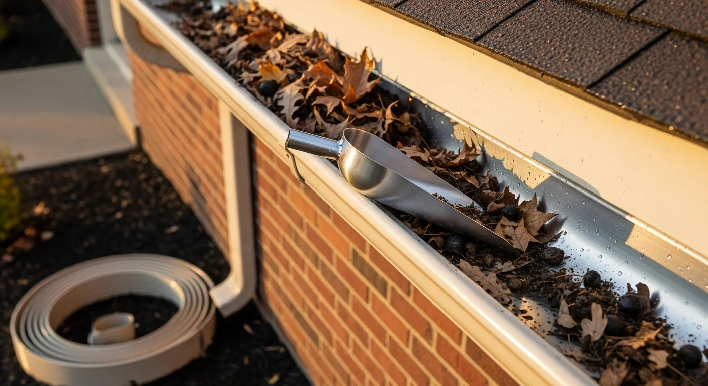 A Delmar Roofing and Siding crew member removing compacted leaves and debris from a residential gutter on a single-family home in Dover, DE. The cleaned gutter section shows clear, open channels ready to handle rain runoff.