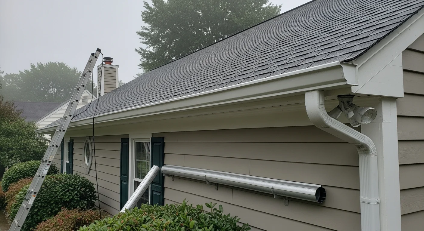 Newly installed gutters on a single-family home in Dover, Delaware, with downspouts directed away from the foundation. Close view shows clean gutter runs along the roofline with secure fascia attachment on a residential street.