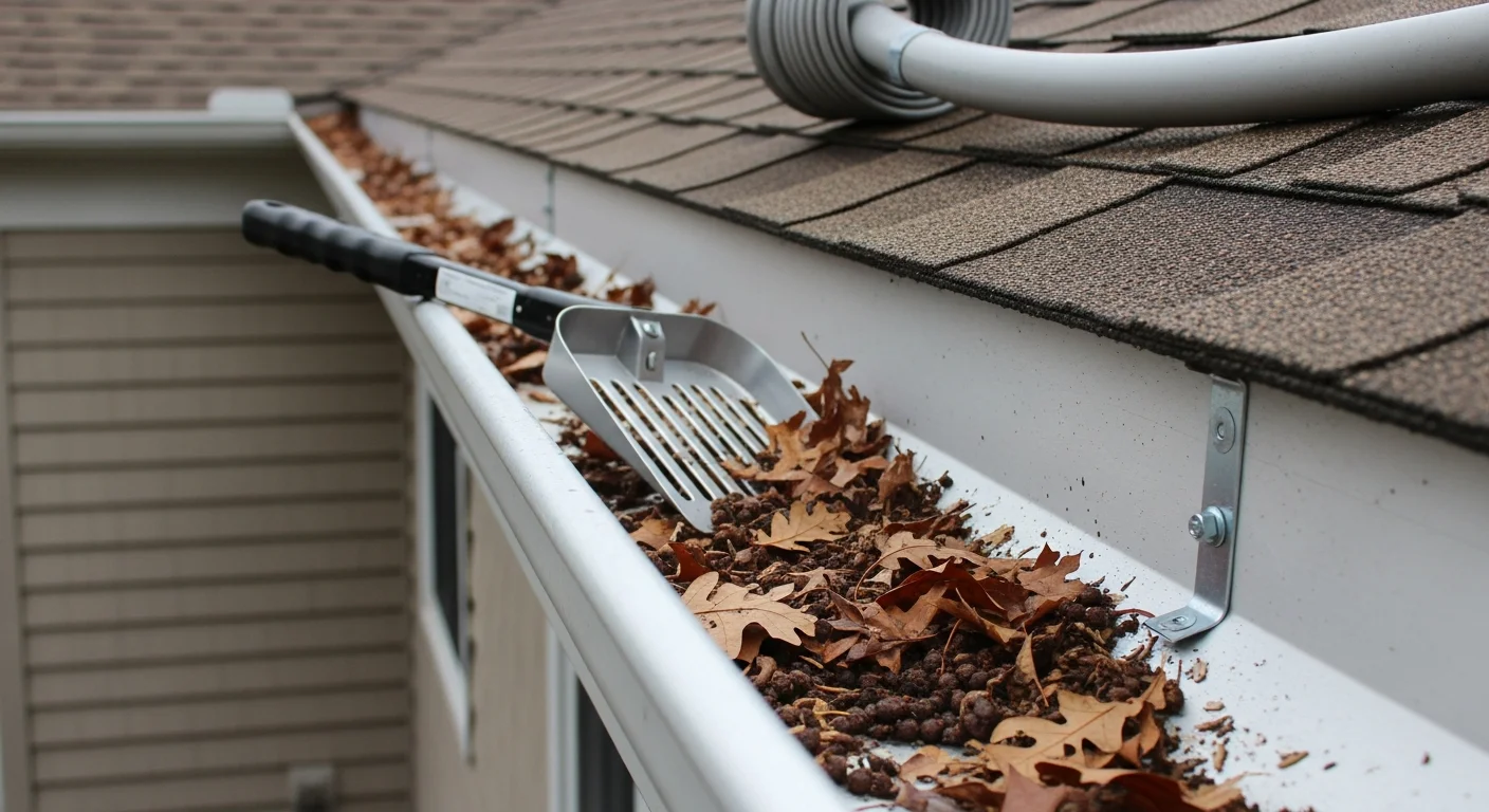 A Delmar Roofing and Siding technician clearing packed leaf and debris buildup from a residential gutter on a Dover, DE home. The downspout and gutter channel are visible against the home's exterior siding with mature trees in the background.