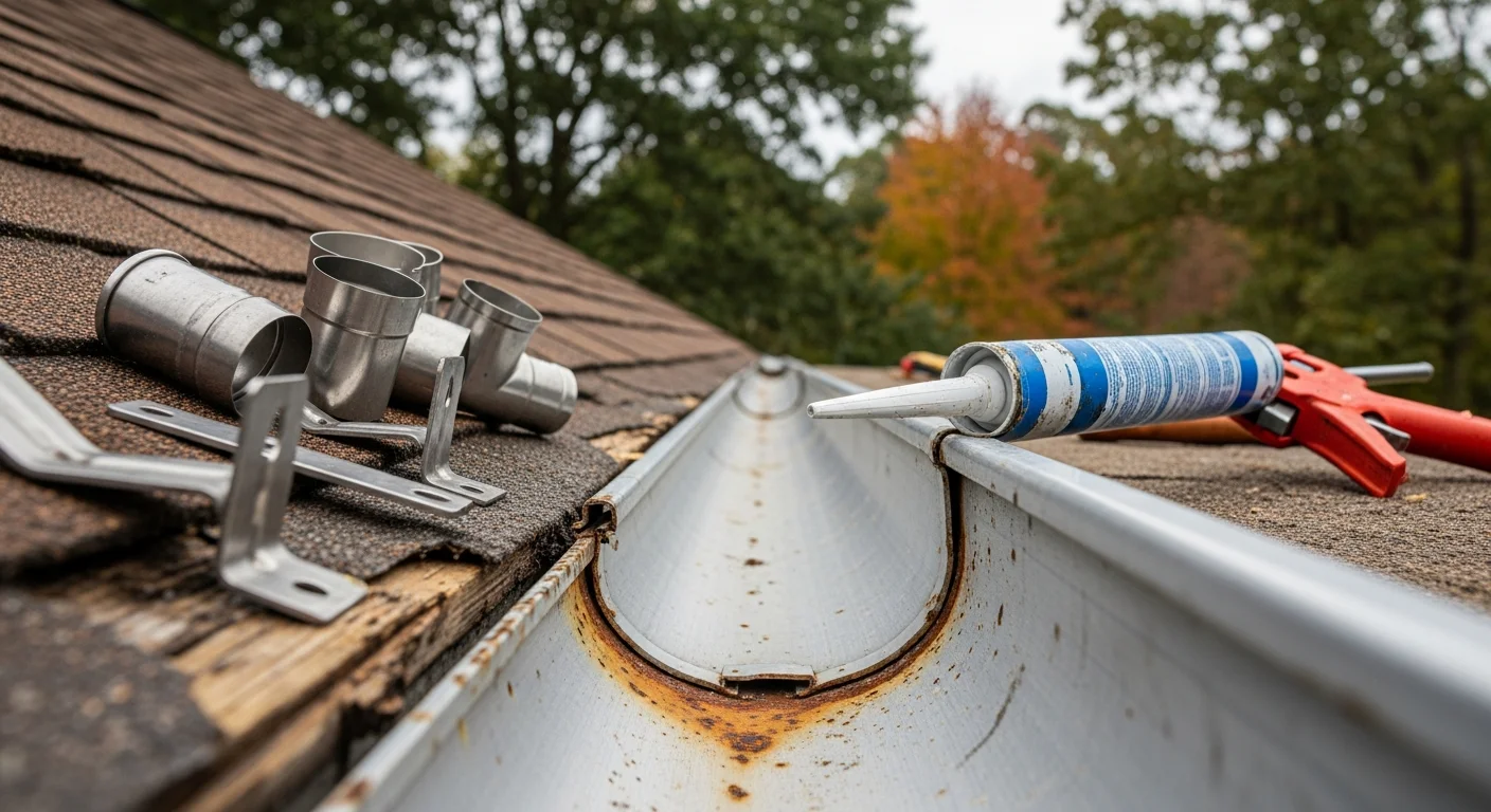 A Delmar Roofing and Siding technician repairing a sagging gutter section on a single-family home in Dover, DE. The repaired gutter run is realigned and secured against the fascia board with the downspout reconnected below.