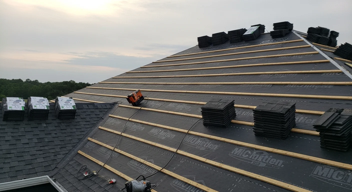 A newly installed residential roof on a single-family home in Dover, Delaware, showing clean shingle lines, sealed flashing at the chimney, and a finished ridge vent. The surrounding neighborhood reflects Dover's mix of established residential housing.