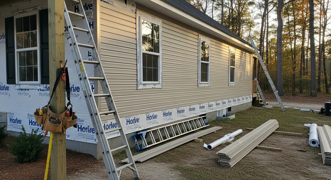 A Dover, DE single-family home with freshly installed exterior siding, showing clean panel lines and new trim around windows. The completed siding replacement covers the full front and side walls of the house.
