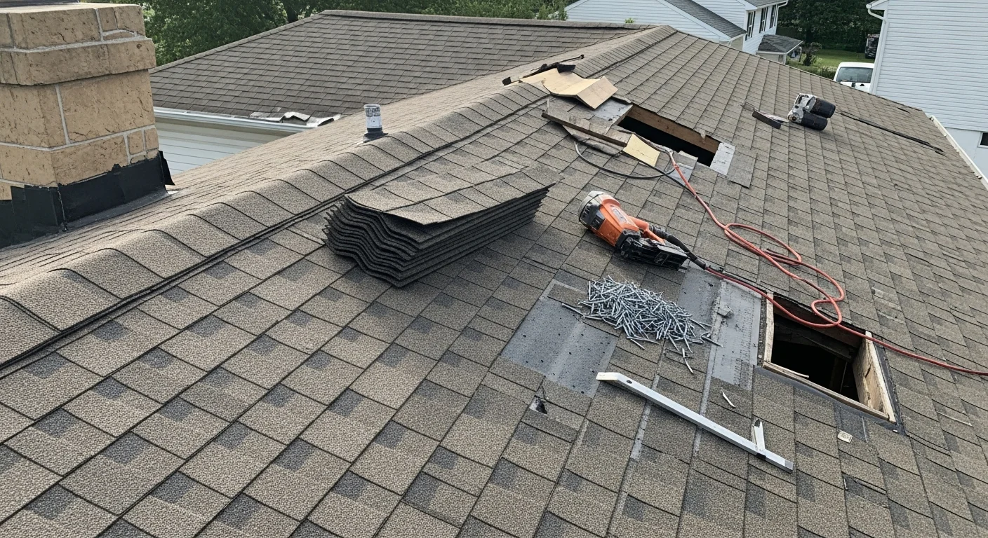 A Delmar Roofing and Siding crew repairing wind-damaged shingles on a residential roof in Dover, DE. Close-up view shows replaced shingles and sealed flashing along the roofline of a Kent County home.