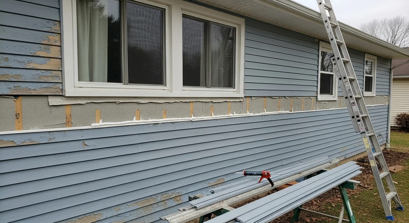 A Dover, Delaware home exterior showing a completed siding repair with flush, color-matched panels on a ranch-style house. The repaired wall section blends cleanly with the surrounding siding under clear Kent County daylight.